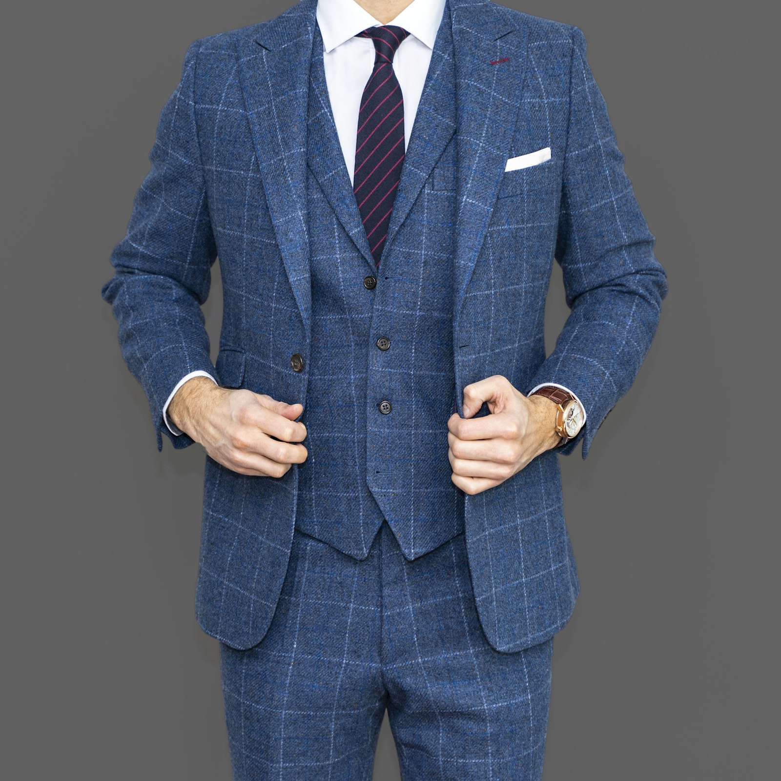 Blue windowpane three-piece suit
